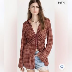 NWT Free People Catalina Remade Shirt In Red Combo Women’s Size XS
